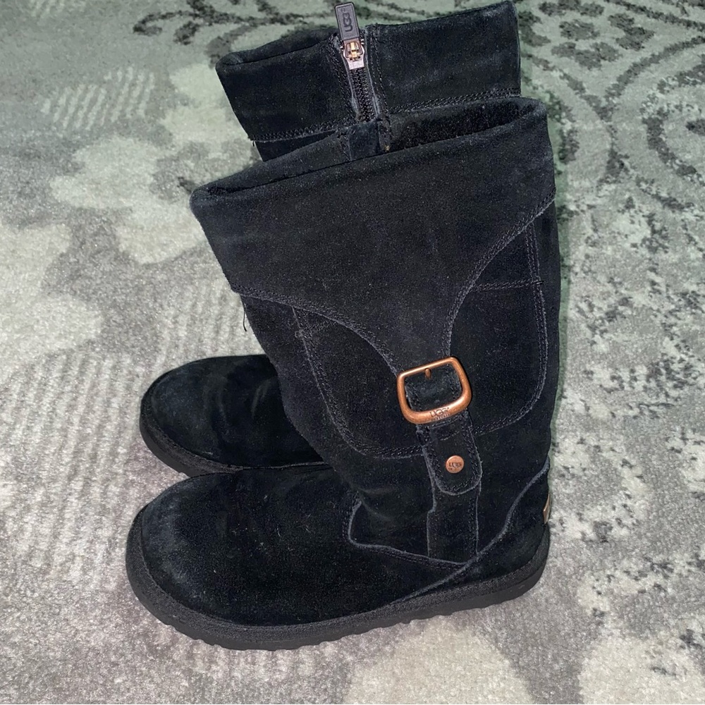UGG Black Cargo Rose Gold Hardware Leather Suede Sheepskin Boots